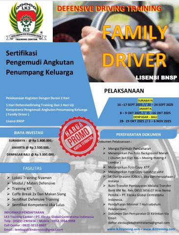 TRAINING DAN SERTIFIKASI BIDANG TRANSPORTASI SUB BIDANG PENGEMUDI ANGKUTAN PENUMPANG KELUARGA  FAMILY DRIVER DAN  DEFENSIVE DRIVING TRAINING LISENSI BNSP